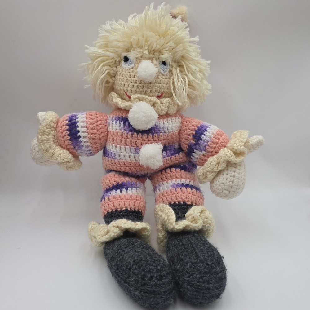 Vintage Crochet  Knitted Clown Doll Plush - Pink, Purple, and Black